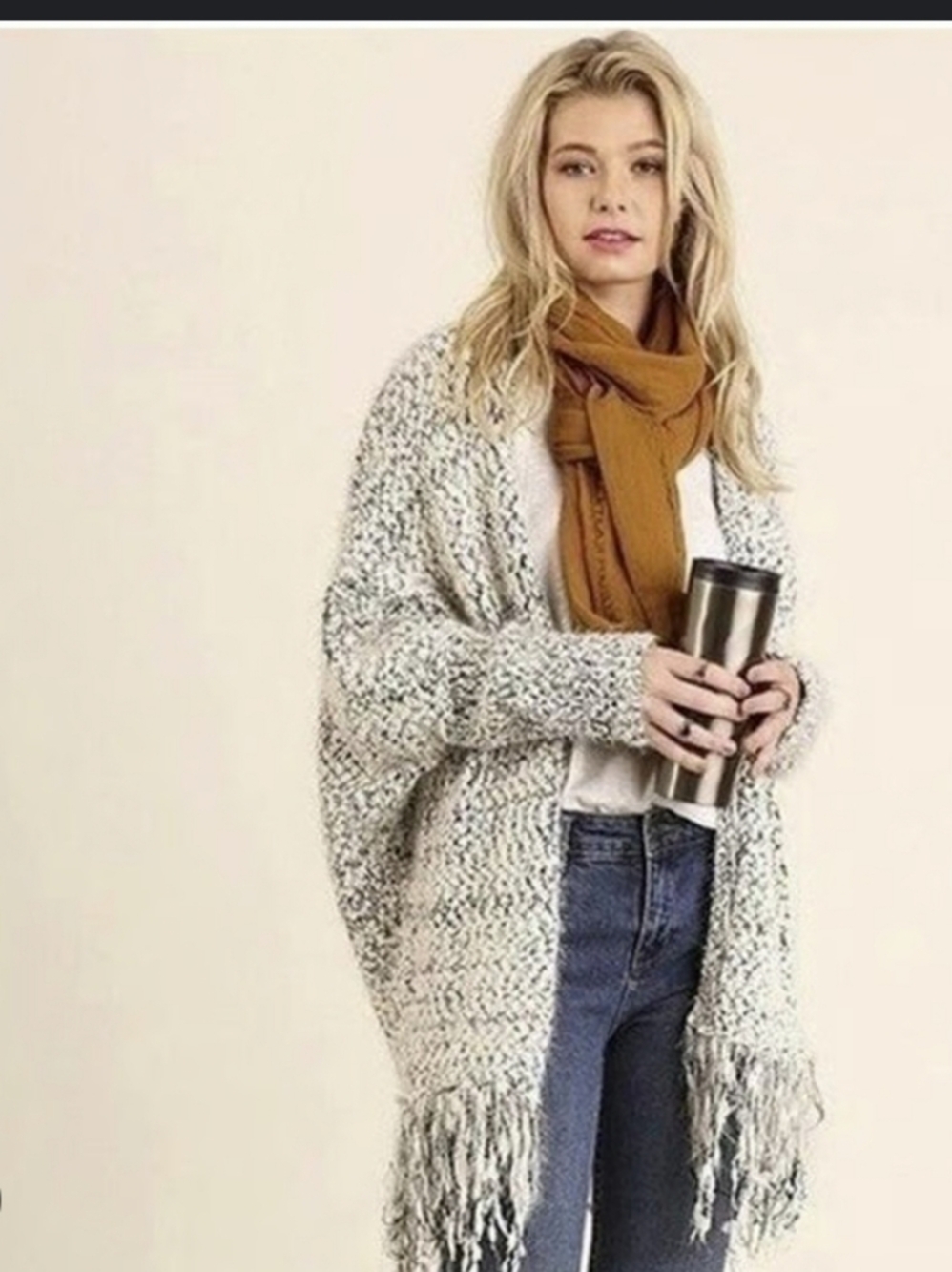 Umgee Cozy Knit Fringe Boho Open Front Cardigan